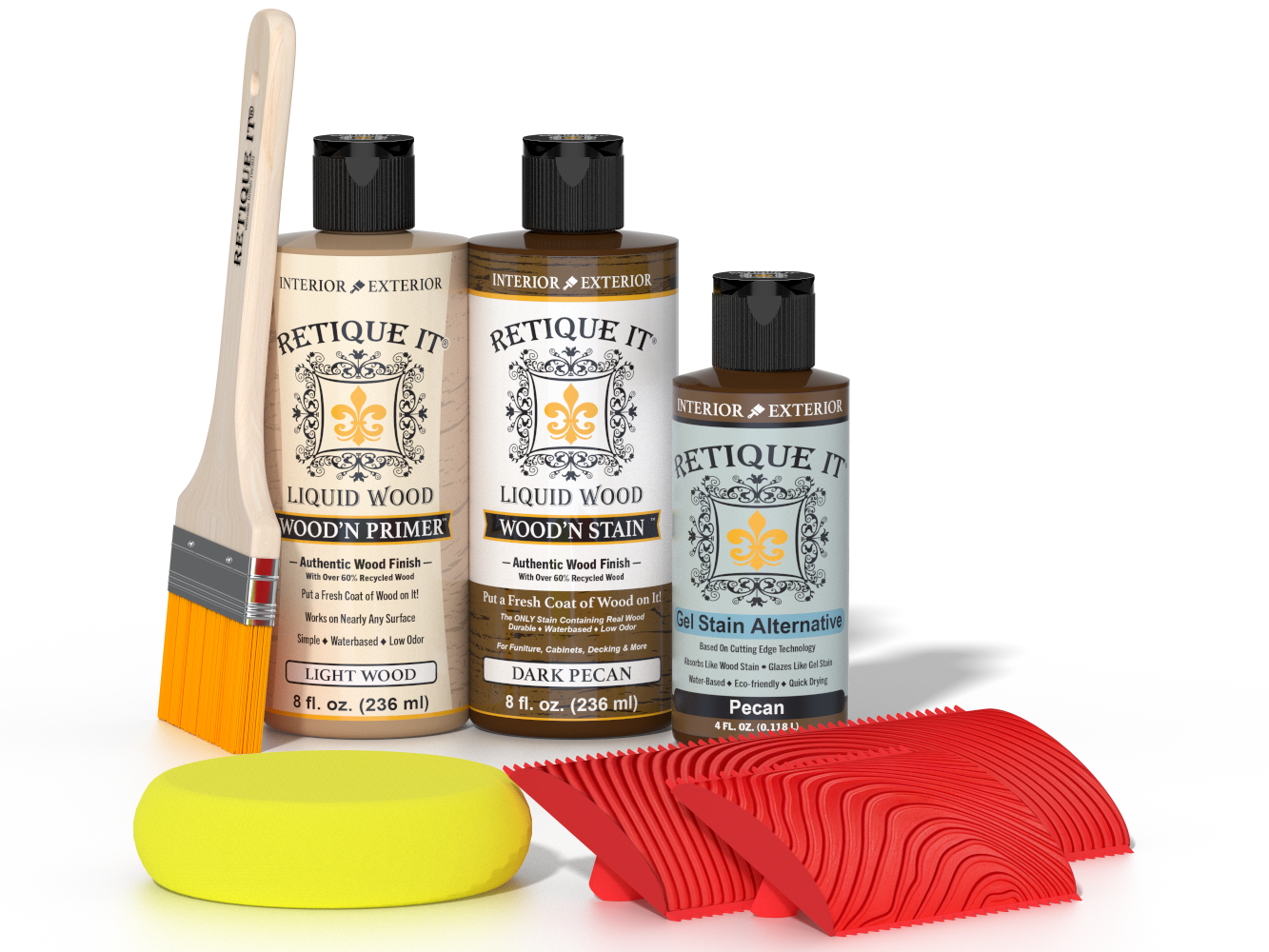 Retique It® Wood'n Finish Kit in Dark Pecan, a multi-purpose wood finishing kit with brushes and stain for furniture.
