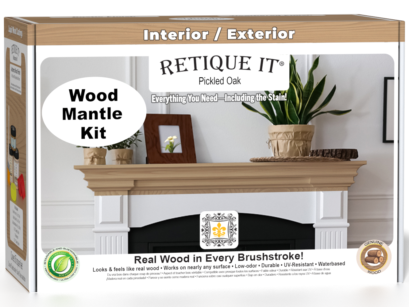Retique It® Fireplace Mantel Wood'n Finish Kit in Pickled Oak, stain set with wood stain bottles and application tools.