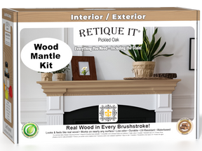Retique It® Fireplace Mantel Wood'n Finish Kit in Pickled Oak, stain set with wood stain bottles and application tools.