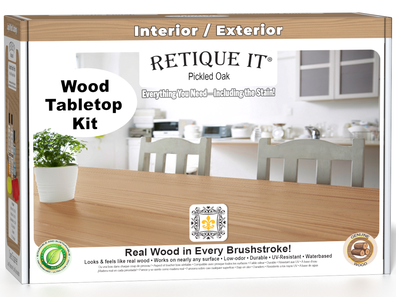 Retique It® Wood'n Finish Kit in Pickled Oak stain showing a wooden tabletop with the stain applied and the kit box.