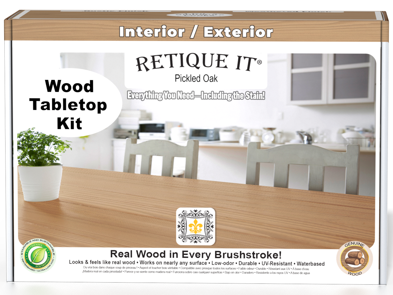 Retique It® Wood'n Finish Kit in Pickled Oak stain, featuring a box with stain bottles and application tools for wood finishing.