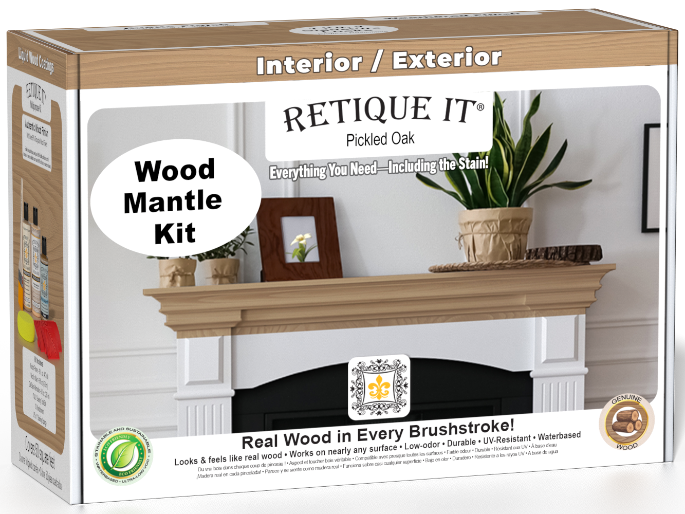 Retique It® Fireplace Mantel Wood'n Finish Kit in Pickled Oak stain, featuring wood stain and finishing supplies for fireplace mantels.