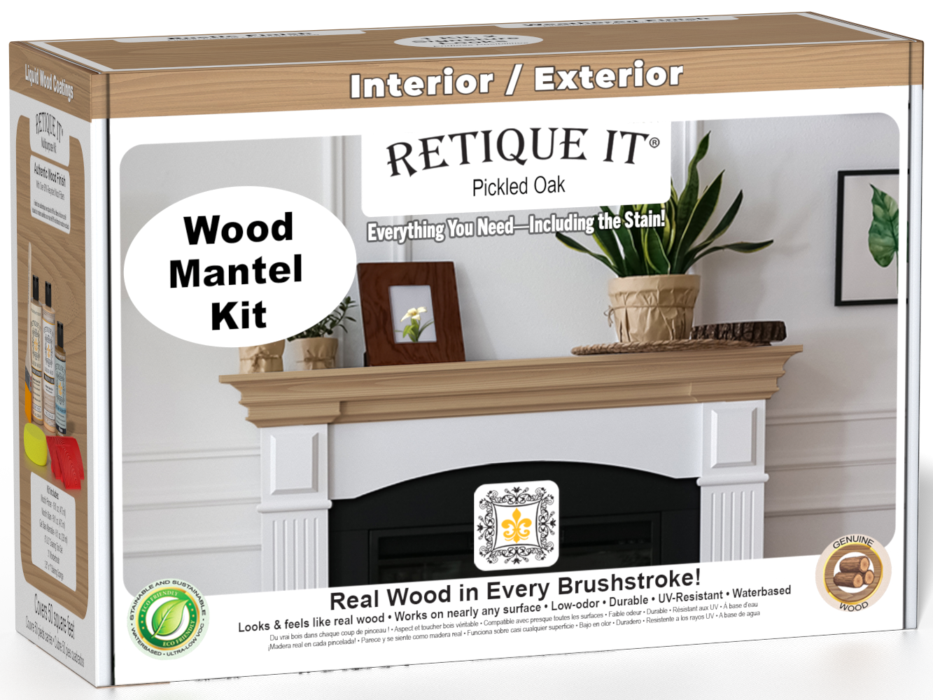Retique It® Fireplace Mantel Wood'n Finish Kit in Pickled Oak stain, showing wood stain bottles and application tools.