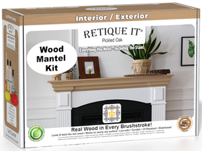 Retique It® Fireplace Mantel Wood'n Finish Kit in Pickled Oak stain, showing wood stain bottles and application tools.