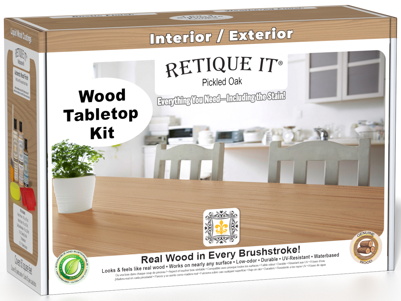 Retique It® Wood'n Finish Kit in Pickled Oak stain, featuring a box with stain bottles and finishing tools for furniture.