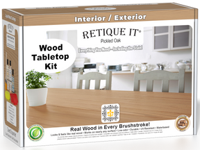Retique It® Wood'n Finish Kit in Pickled Oak stain, featuring a box with stain bottles and finishing tools for furniture.