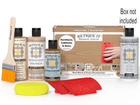 Retique It wood finish kit with bottles, a brush, sponges, and packaging on a white background.