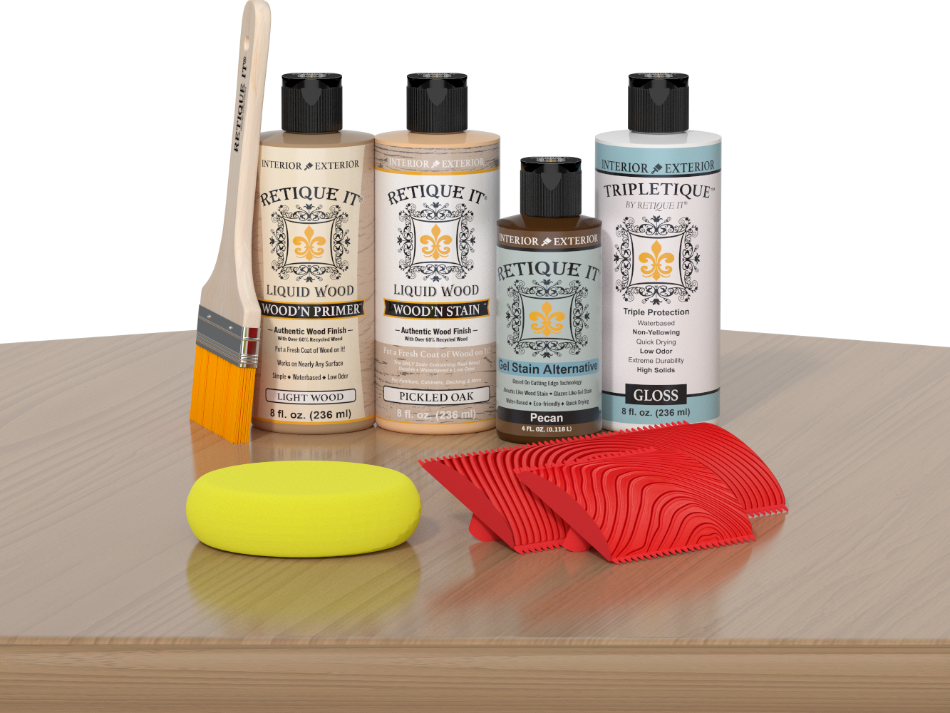 Retique It® Wood'n Finish Kit in Pickled Oak for interior wood projects, shown on a table with application tools.