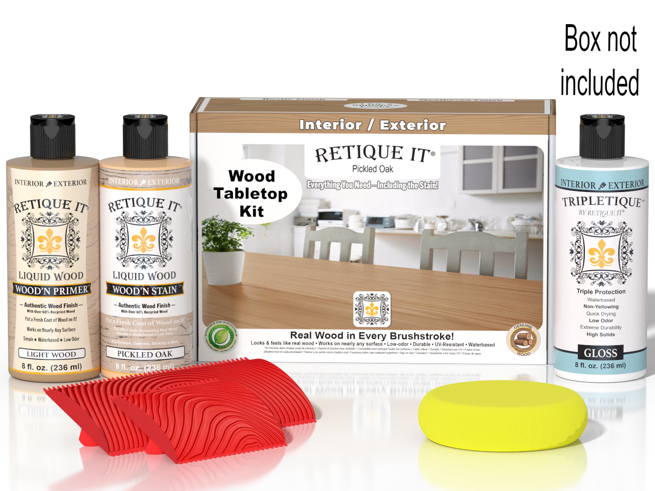 Retique It® Wood'n Finish Kit Pickled Oak stain showing a wood sample with the stain applied and the kit box in the background.