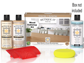 Retique It® Wood'n Finish Kit Pickled Oak stain showing a wood sample with the stain applied and the kit box in the background.