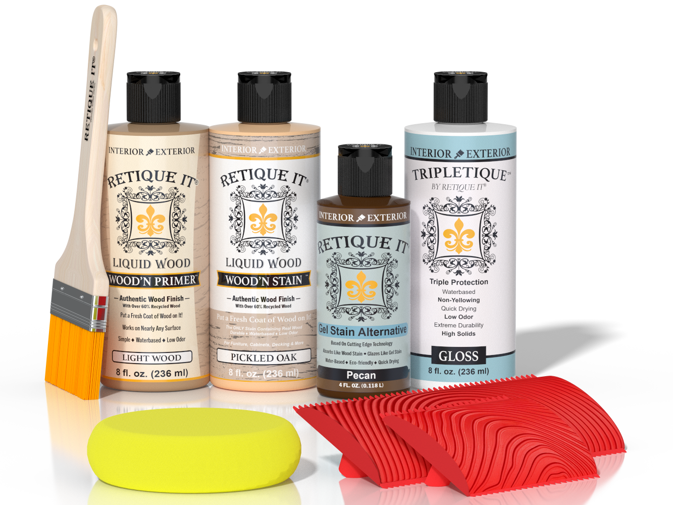 Retique It® Wood'n Finish Kit in Pickled Oak for interior top coat, showing the kit's wood finish products and application tools.