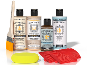 Retique It® Wood'n Finish Kit in Pickled Oak for interior top coat, showing the kit's wood finish products and application tools.