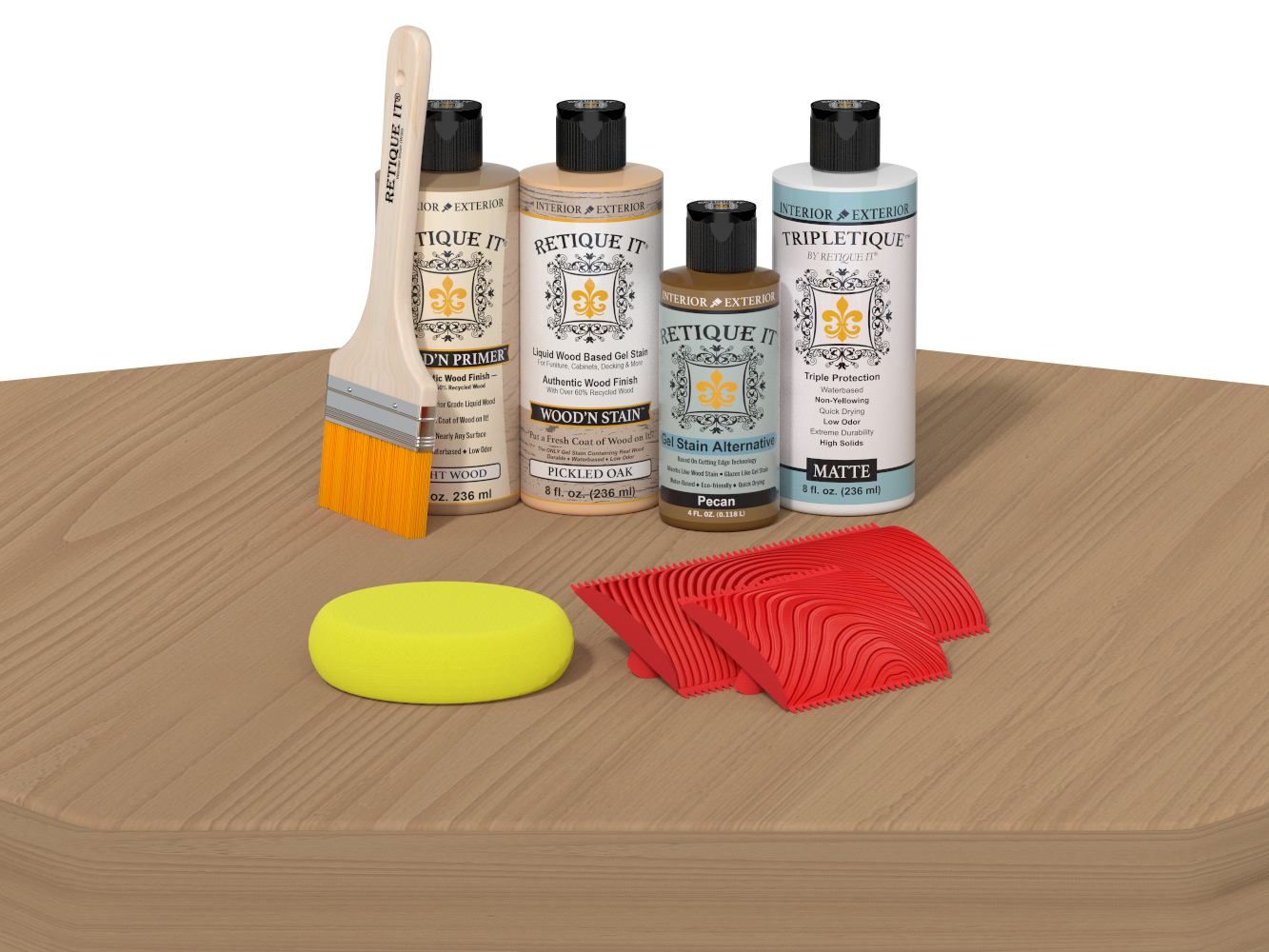 Retique It® Wood'n Finish Kit in Pickled Oak applied to a table, showcasing a natural wood finish for interior top coat projects.