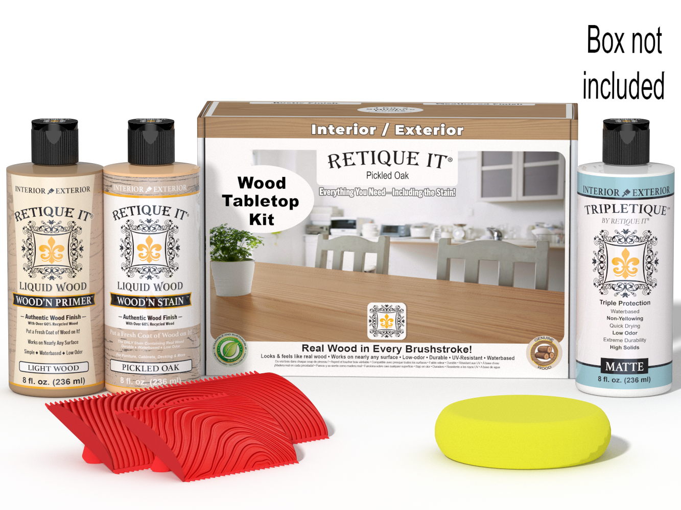 Retique It® Wood'n Finish Kit in Pickled Oak, a stain set with application tools and a box, for enhancing wood surfaces.