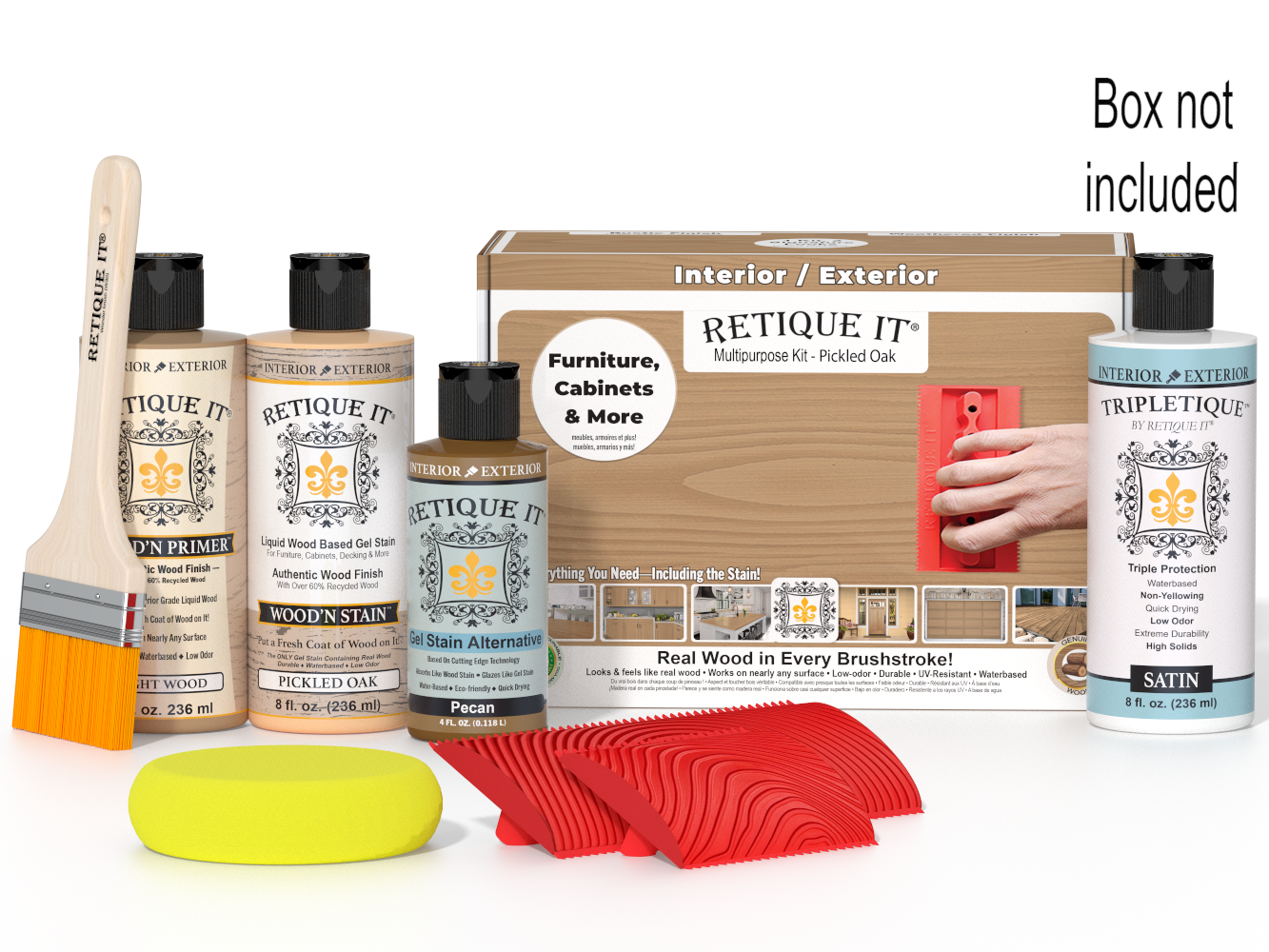 Retique It® Wood'n Finish Kit in Pickled Oak for interior top coats, includes wood finish products in a sealed box.