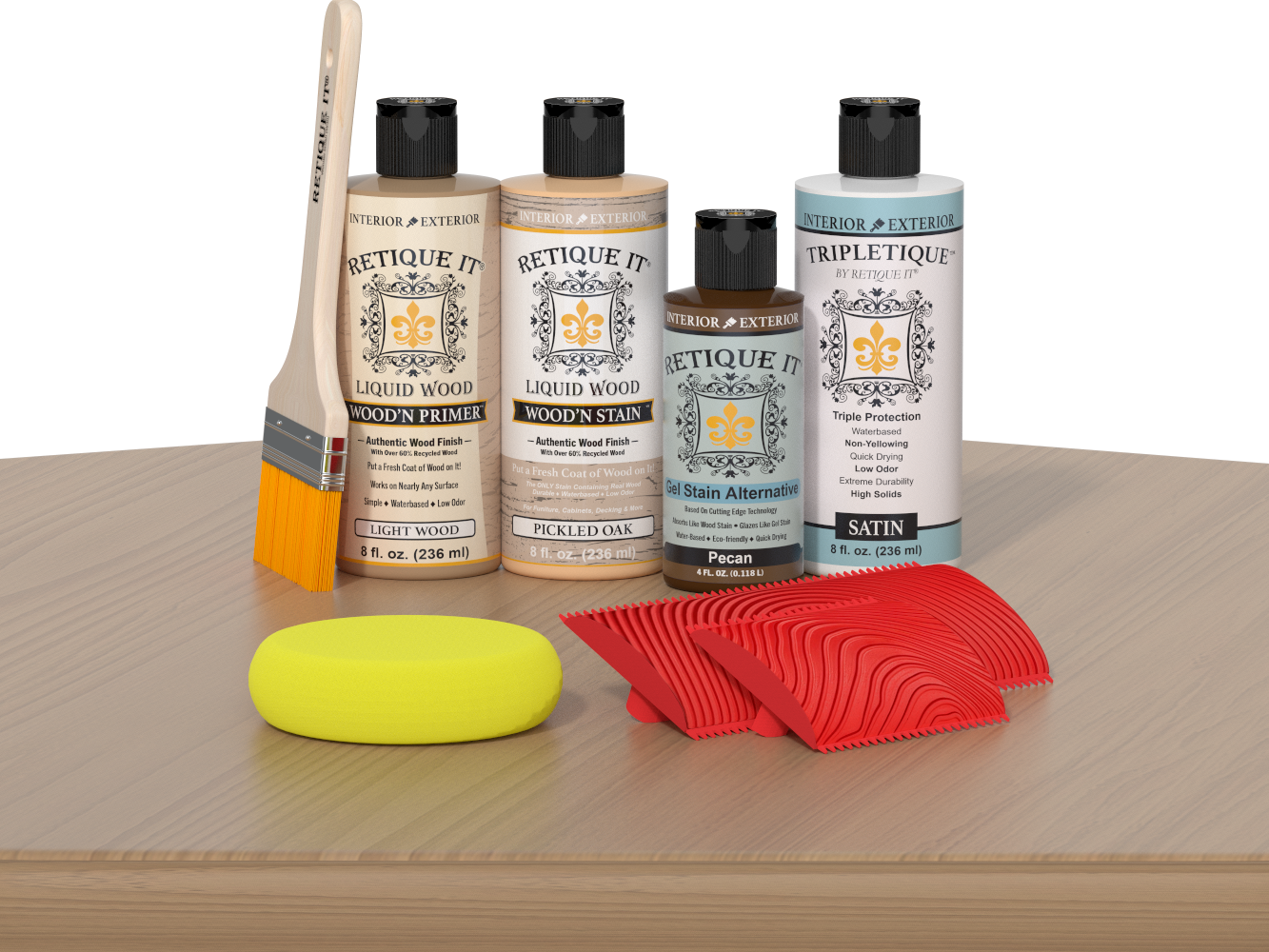 Retique It® Wood'n Finish Kit in Pickled Oak for interior wood projects, shown on a table with application tools.