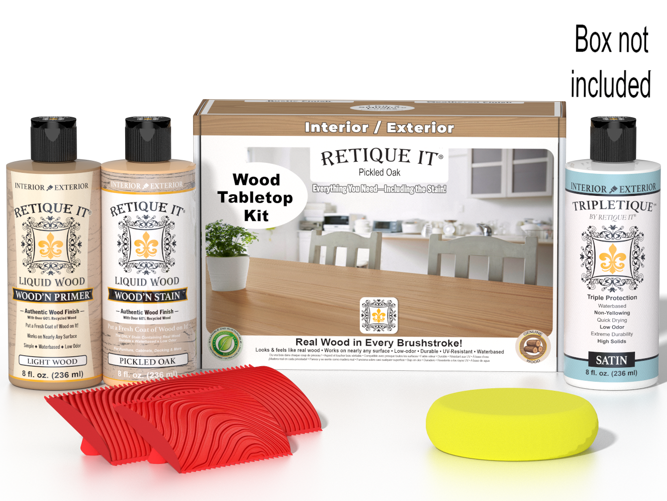 Retique It® Wood'n Finish Kit in Pickled Oak stain, showing the stain bottle and tabletop with a smooth, natural wood finish.