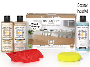 Retique It® Wood'n Finish Kit in Pickled Oak stain, showing the stain bottle and tabletop with a smooth, natural wood finish.