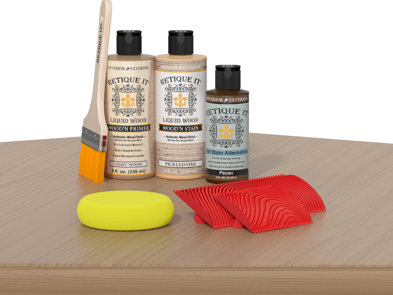 Retique It® Wood'n Finish Kit in Pickled Oak for tabletop staining, includes stain bottles and applicator tools, shown on a wooden surface.