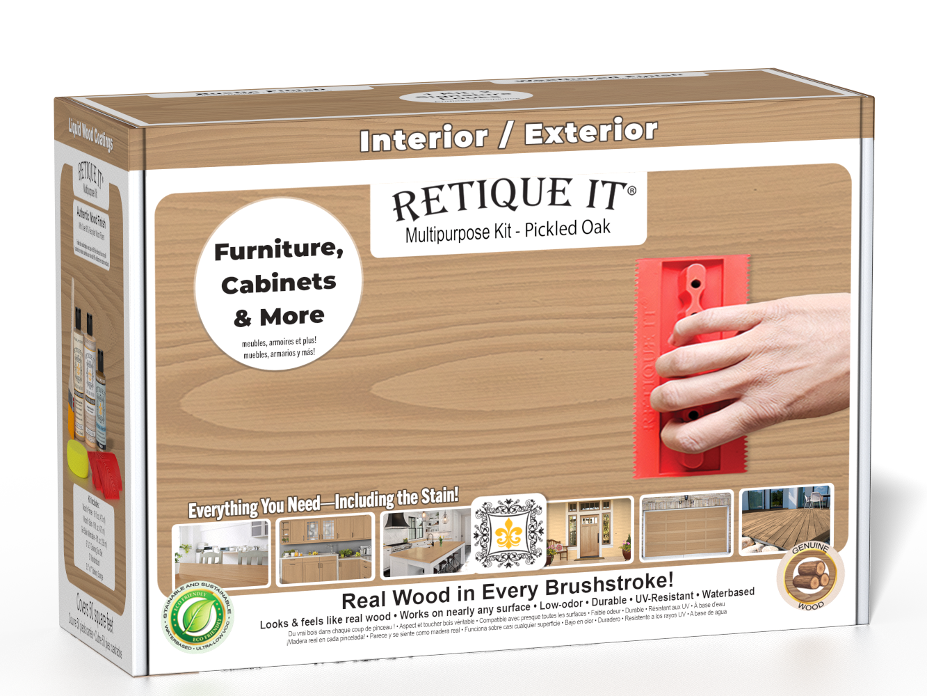 Retique It® Pickled Oak Multipurpose Kit retail box featuring a Pickled Oak wood finish, red graining tool demonstration, and furniture, cabinets & more project imagery.