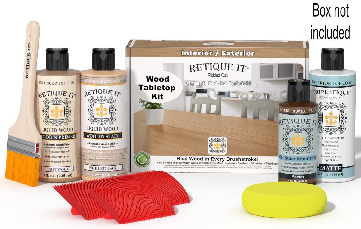 Retique It® Pickled Oak Wood Tabletop Kit with Light Wood Primer, Pickled Oak Wood'n Stain, Matte TripleTique Top Coat, Pecan Gel Stain Alternative, yellow sponge, red graining tool, brush, and kit box.