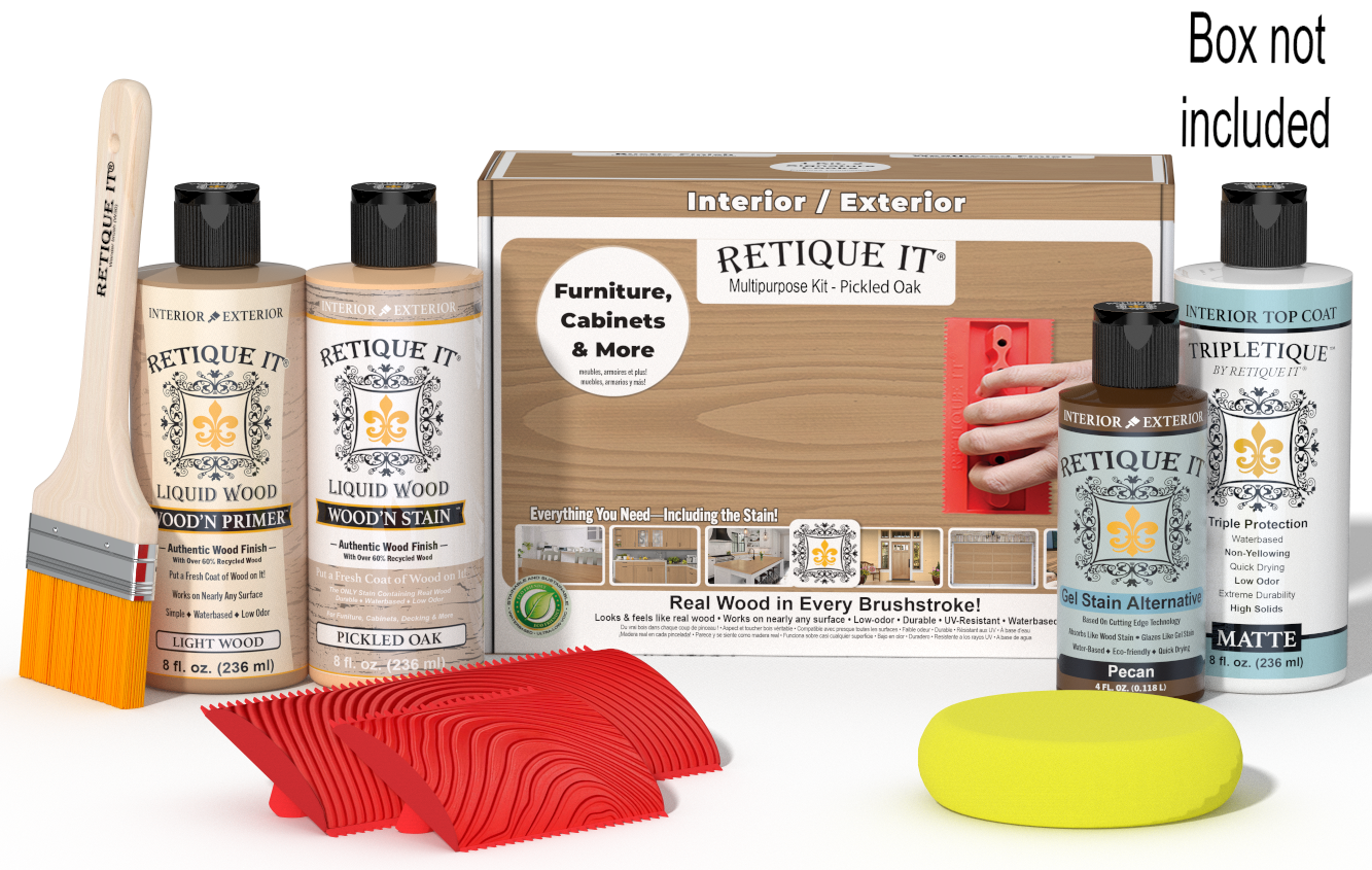 Retique It® Pickled Oak Multipurpose Kit with Light Wood primer, Pickled Oak stain, Pecan gel stain alternative, Matte Tripletique® Top Coat, brush, red graining tool, yellow sponge, and product box.