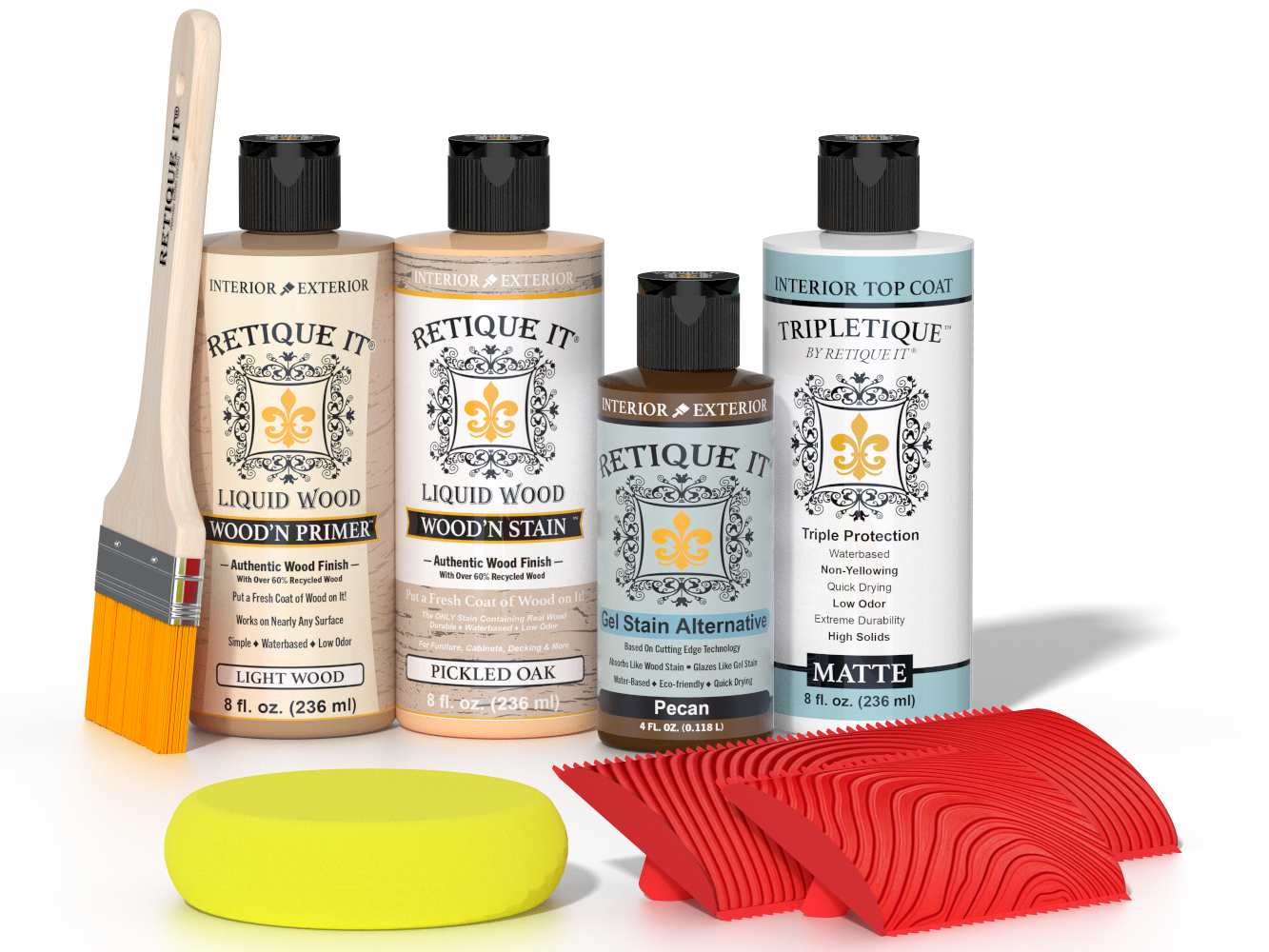 Retique It® Pickled Oak Wood'n Kit with Light Wood primer, Pickled Oak stain, Pecan gel stain alternative, Matte Tripletique® Top Coat, brush, red graining tool, and yellow sponge.