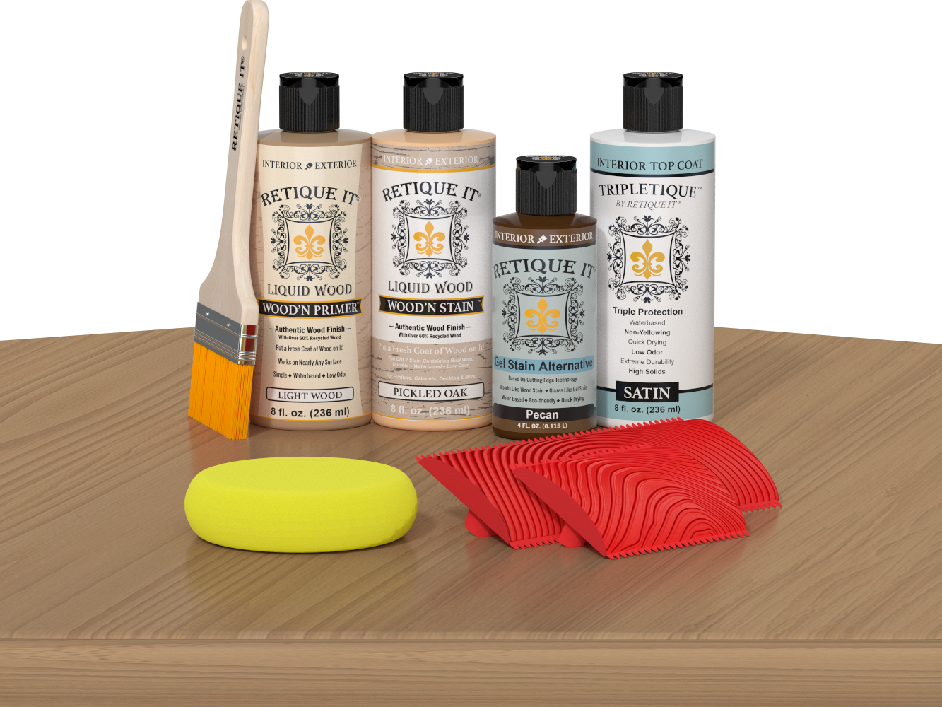 Retique It® Pickled Oak Wood'n Kit with Light Wood primer, Pickled Oak stain, Pecan gel stain alternative, Satin Tripletique® Top Coat, brush, red graining tool, and yellow sponge.