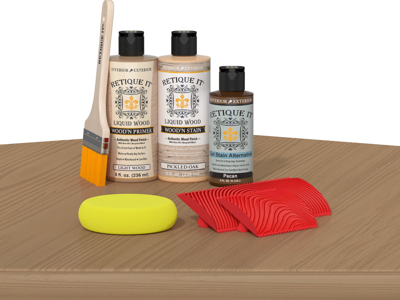 Multi-purpose Wood'n Kit in Pickled Oak finish by Retique It® showing the kit components on a table.