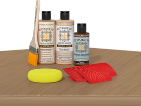 Multi-purpose Wood'n Kit in Pickled Oak finish by Retique It® showing the kit components on a table.