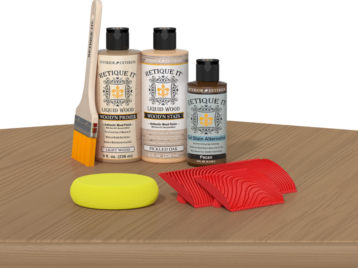 Retique It® Fireplace Mantel Wood'n Finish Kit in Pickled Oak stain, showing the wood finish and application details.