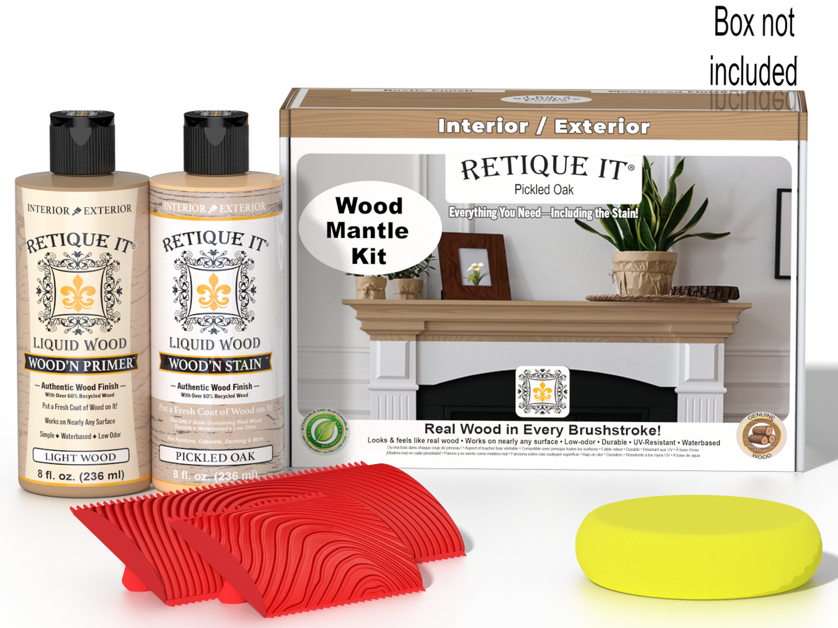 Retique It® Fireplace Mantel Wood'n Finish Kit in Pickled Oak with stain applicator and wood finish tools.
