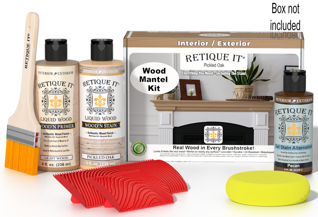 Retique It Wood'n Finish Kit in Pickled Oak stain for fireplace mantels, includes stain and finishing supplies.