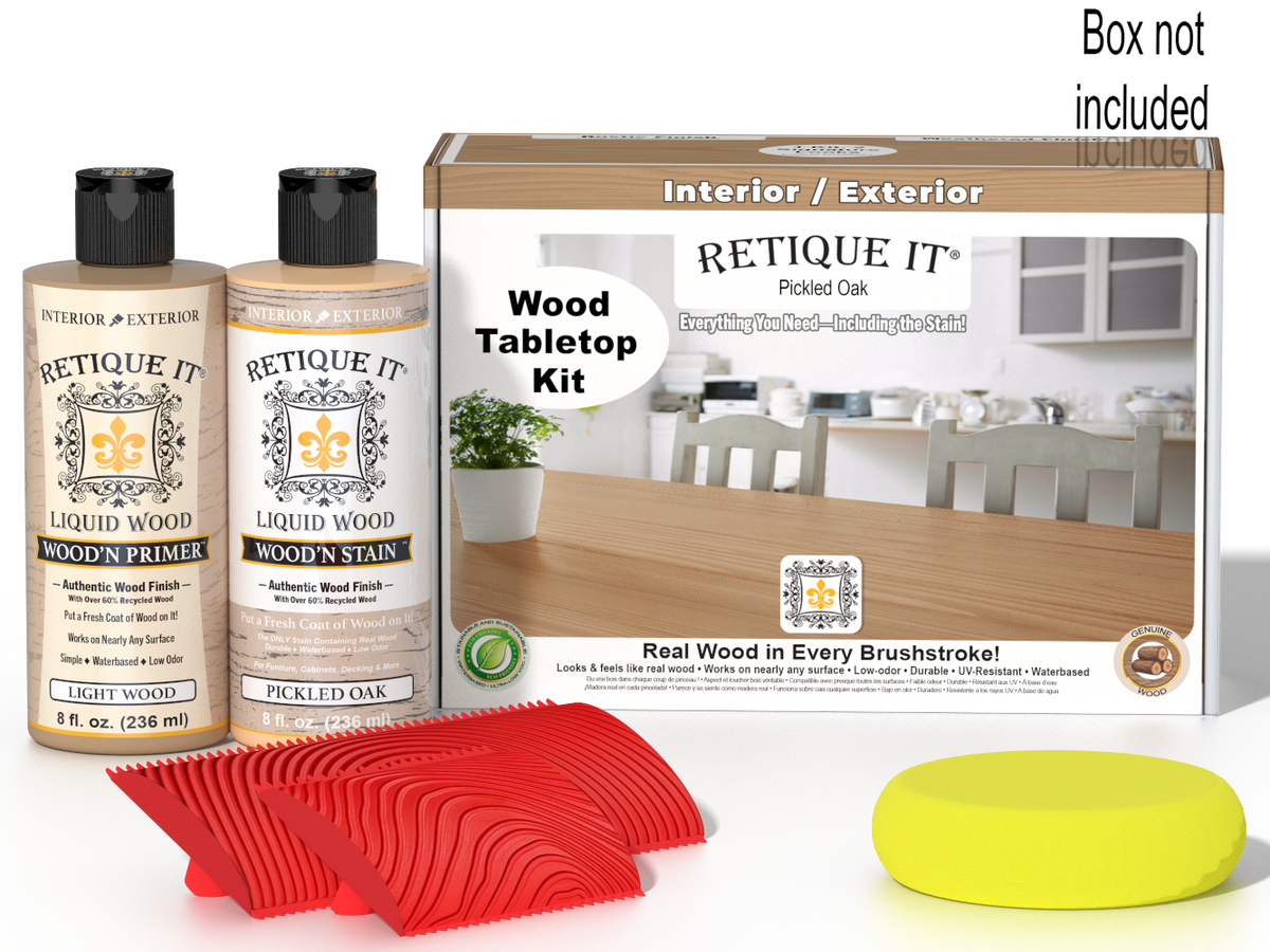Retique It® Wood'n Finish Kit in Pickled Oak stain showing a wooden tabletop with the kit and stain box.