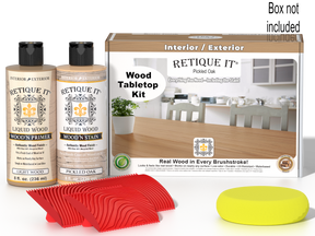 Retique It® Wood'n Finish Kit in Pickled Oak stain showing a wooden tabletop with the kit and stain box.