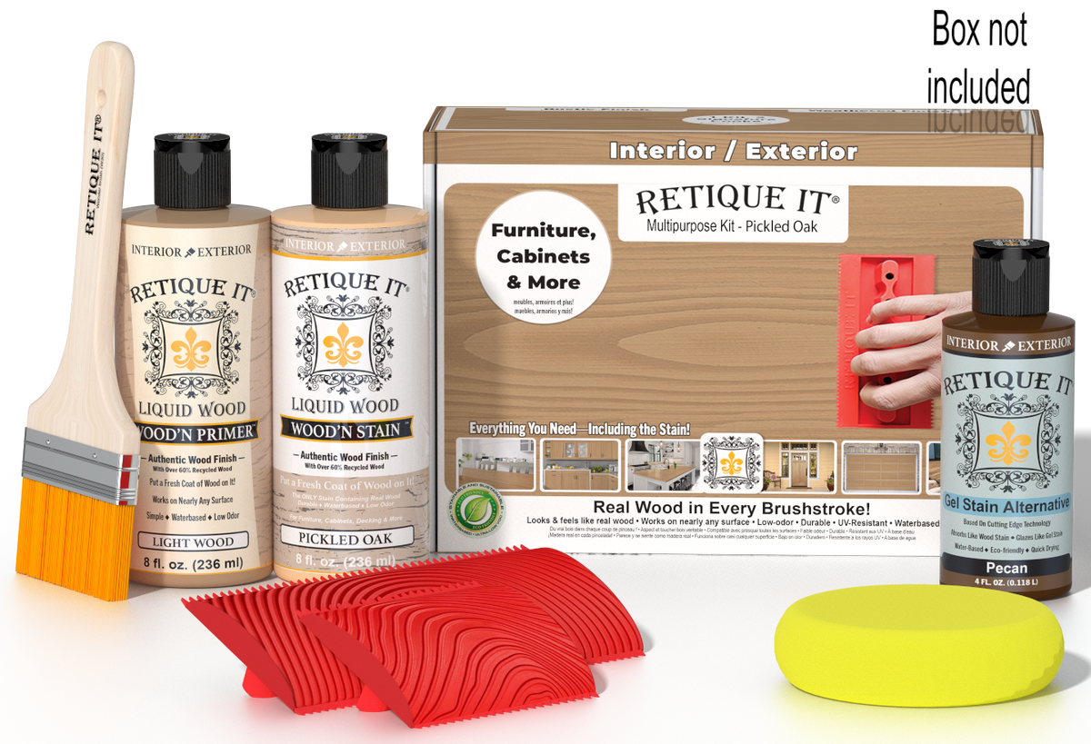 Retique It® Wood'n Kit in Pickled Oak finish with wooden box, designed for multi-purpose wood finishing and restoration.