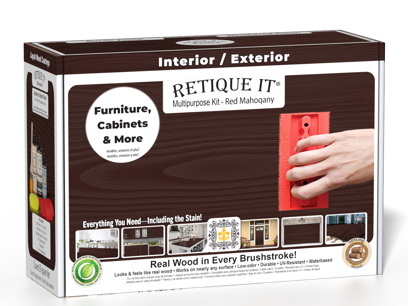 Retique It® Wood'n Finish Kit in Red Mahogany for exterior wood surfaces, includes top coat for durable protection and finish.