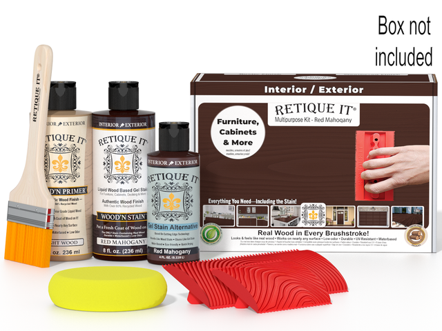 Retique It Wood'n Finish Kit in Red Mahogany with brushes and accessories for multi-purpose wood finishing projects.
