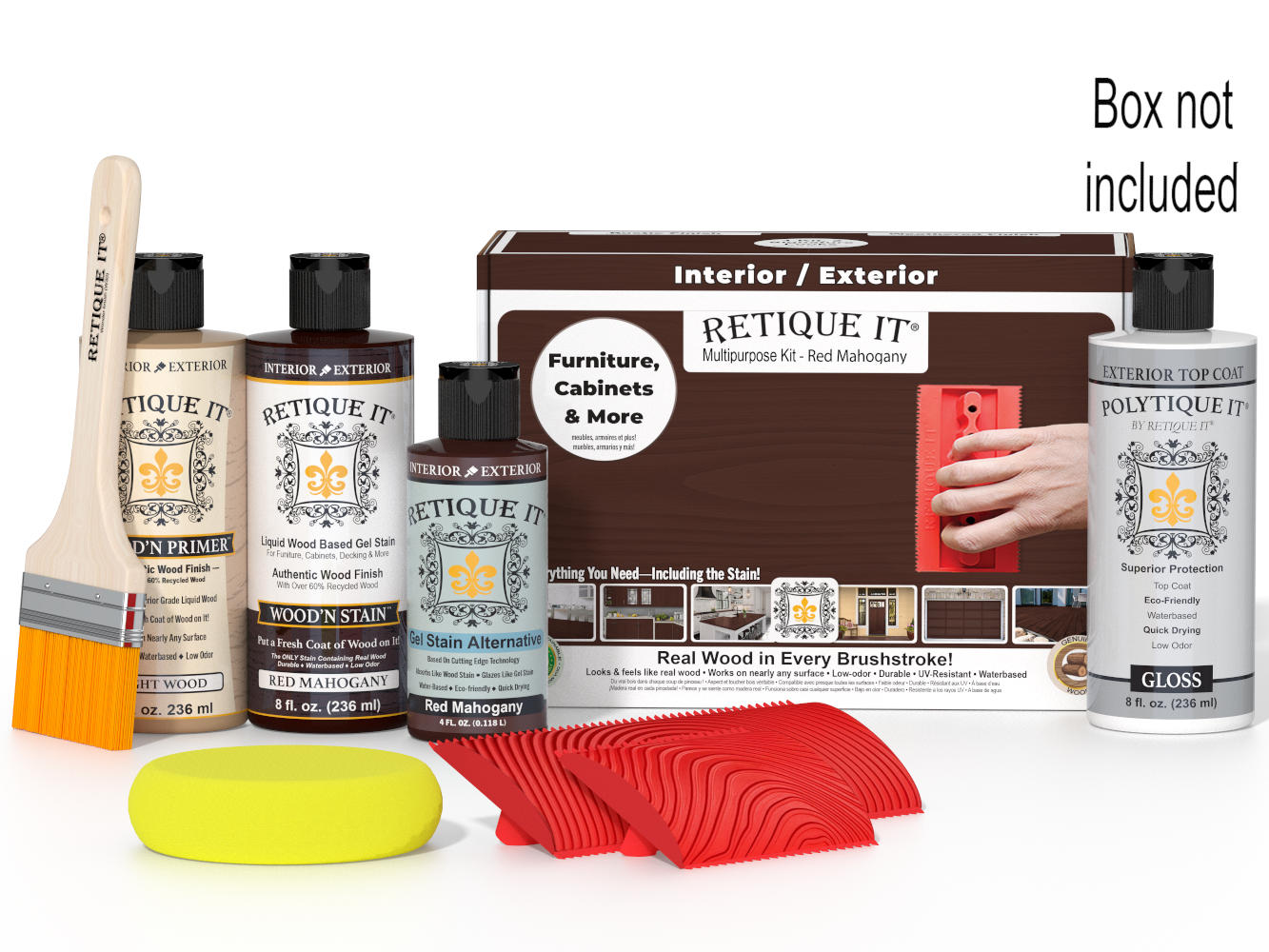 Retique It furniture care product set with bottles, a brush, and packaging on a white background.