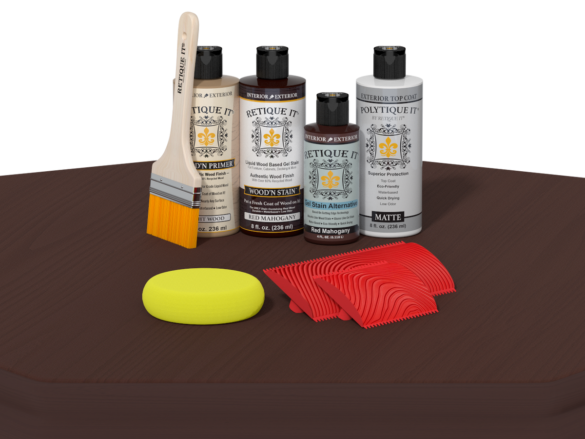 Collection of wood care products including bottles, a brush, a sponge, and cloths on a brown surface.