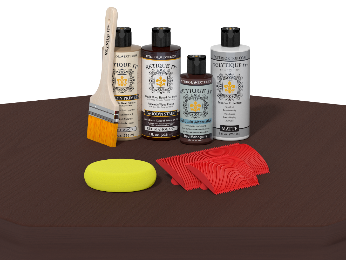 Collection of wood care products including bottles, a brush, a sponge, and cloths on a brown surface.