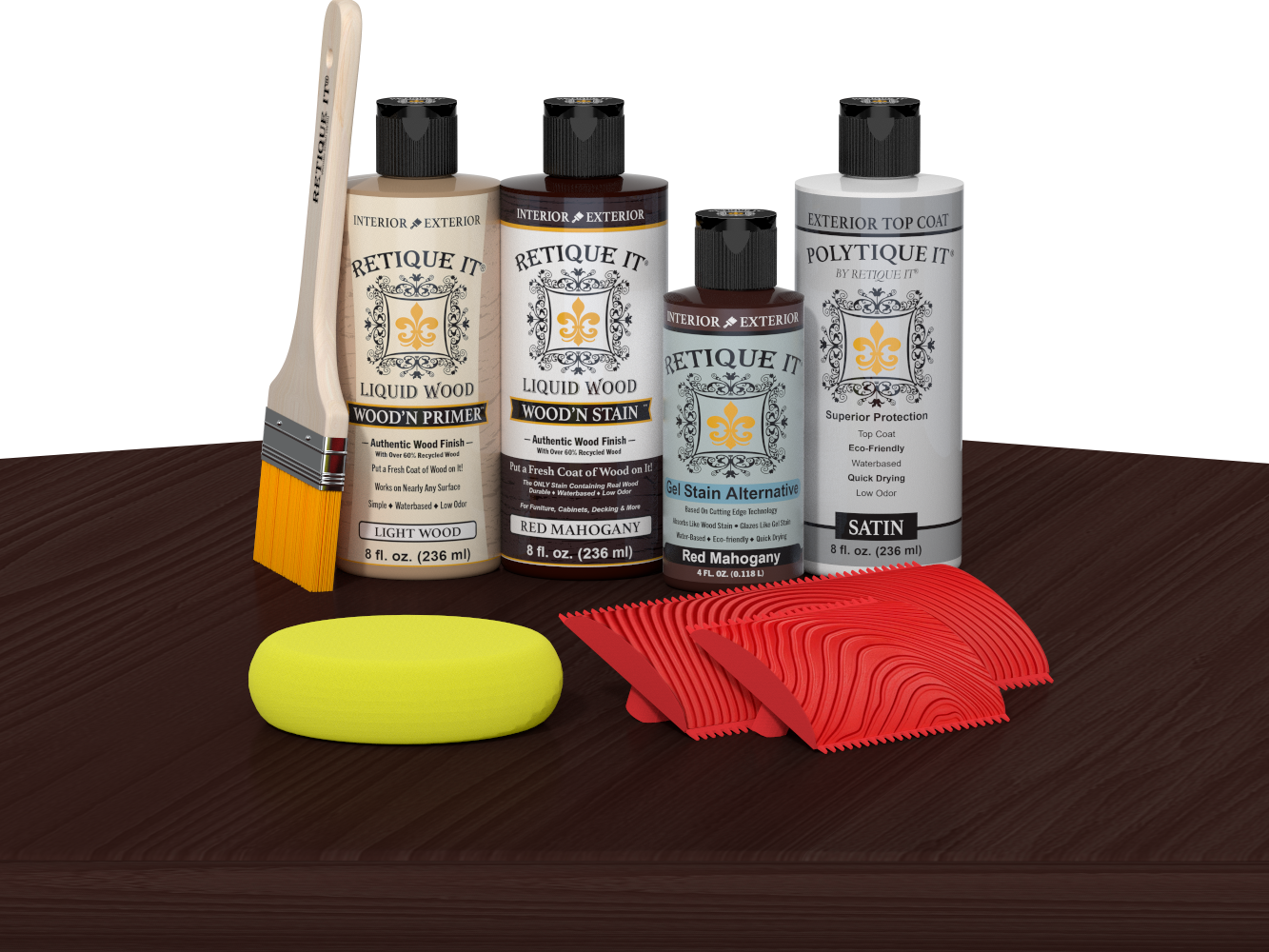 Retique It® Wood'n Finish Kit in Red Mahogany with exterior top coat, displayed on a table for woodworking and finishing projects.