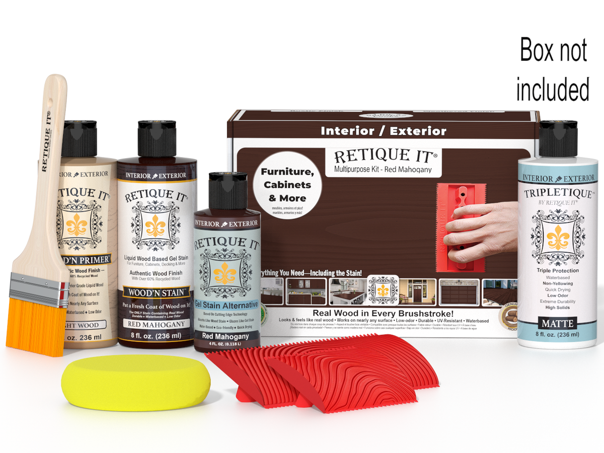 Retique It furniture stain kit with bottles, a brush, and packaging on a white background.