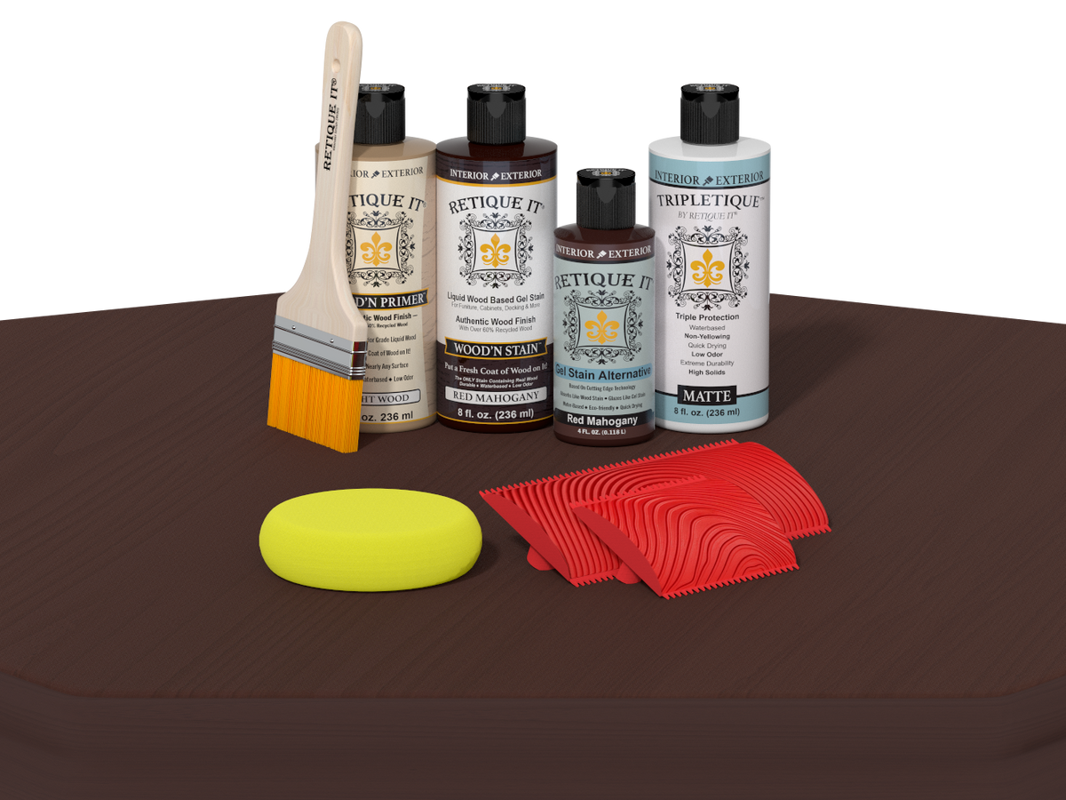 Set of wood care products including bottles, a brush, a sponge, and cloths on a brown surface.