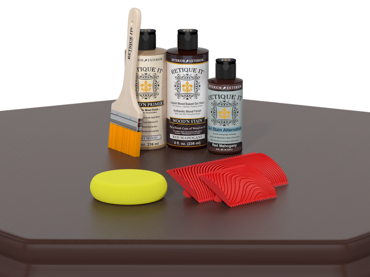 Set of wood care products including bottles, a brush, and sponges on a gray surface.
