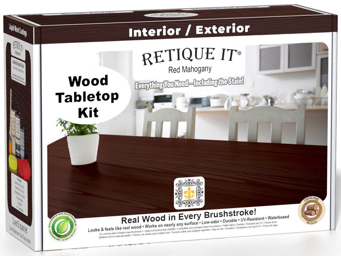 Retique It® Red Mahogany Wood Tabletop Kit retail box featuring a Red Mahogany wood tabletop finish and kitchen scene.