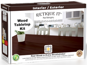Retique It® Red Mahogany Wood Tabletop Kit retail box featuring a Red Mahogany wood tabletop finish and kitchen scene.