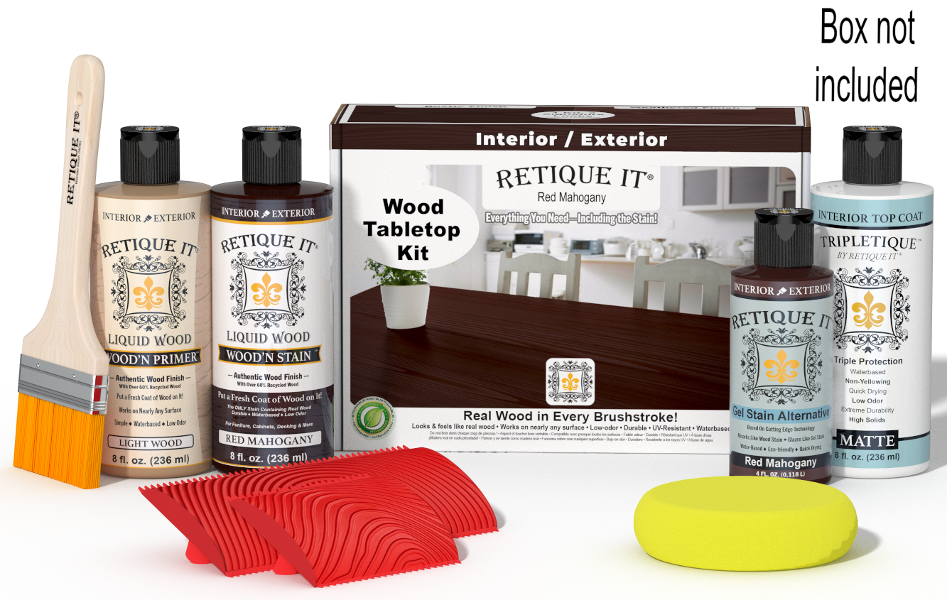 Retique It® Red Mahogany Wood Tabletop Kit with Light Wood primer, Red Mahogany stain, Red Mahogany gel stain alternative, Matte Tripletique® Top Coat, brush, red graining tool, yellow sponge, and product box.
