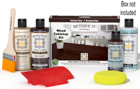 Retique It® Red Mahogany Wood Tabletop Kit with Light Wood primer, Red Mahogany stain, Red Mahogany gel stain alternative, Matte Tripletique® Top Coat, brush, red graining tool, yellow sponge, and product box.