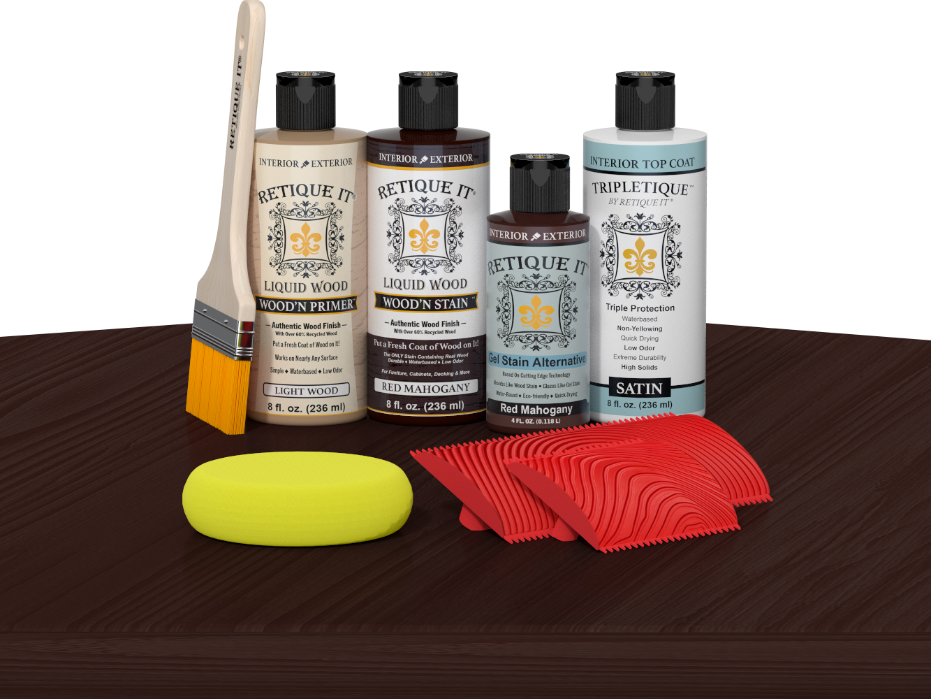 Retique It® Red Mahogany Wood'n Kit with Light Wood primer, Red Mahogany stain, Red Mahogany gel stain alternative, Satin Tripletique® Top Coat, brush, red graining tool, and yellow sponge.